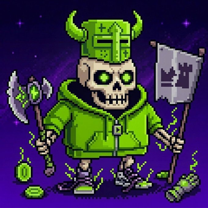 A pixel art illustration of a green skeletal figure wearing a horned helmet and green hoodie, holding a double-bladed axe and a flag with a crown emblem, standing against a purple starry background with green coins scattered around.