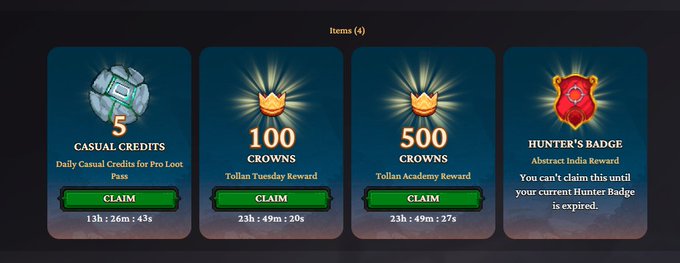 A digital rewards screen displaying four items: '5 CASUAL CREDITS' (Daily Casual credits for Pro Loot Pass), '100 CROWNS' and '500 CROWNS' (Tollan Academy Rewards), and 'HUNTER'S BADGE' (marked expired). All items have 'CLAIM' buttons with countdown timers.