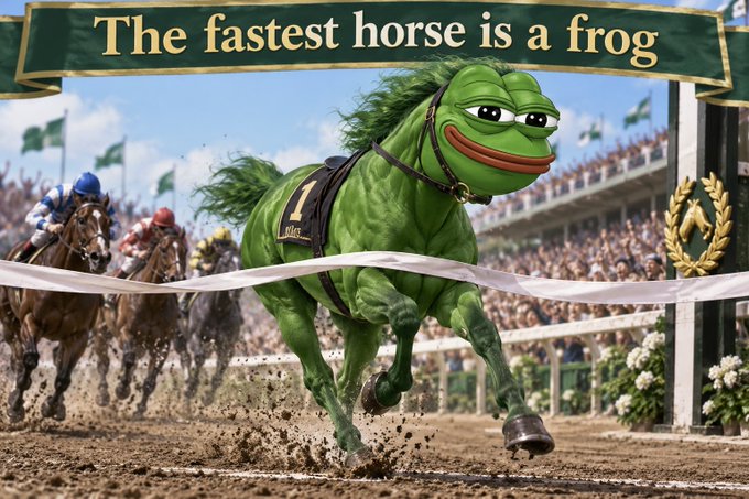 A humorous AI-generated image of a green frog-Pep hybrid wearing a saddle with the number '1', racing as a horse, with the caption 'The fastest horse is a frog'.