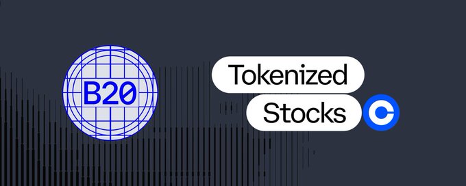 A graphic featuring a blue wireframe globe labeled "B20" next to text bubbles reading "Tokenized Stocks" alongside a blue "C" logo.