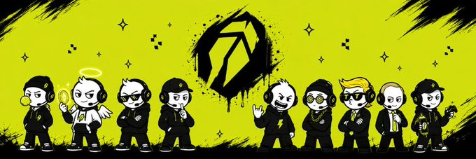 A lineup of nine chibi-style cartoon characters in black outfits with yellow accents standing against a yellow and black grunge background.