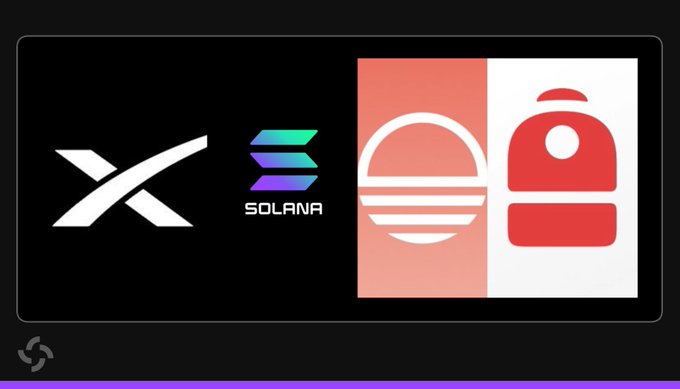A black promotional graphic displays the X, Solana, and Sunrise logos, alongside the text “SOLANA.” It accompanies the post’s claim that token ticker “$SPCX” has surpassed 100,000 holders on Solana and become the most widely held asset on Sunrise, issued by Backpack Securities.