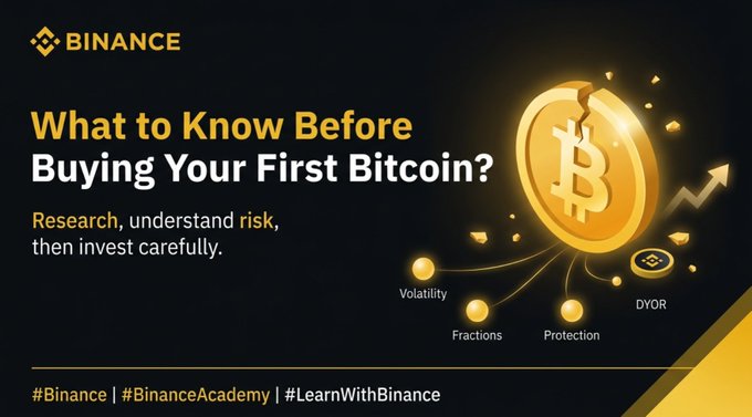 A Binance Academy promotional graphic titled "What to Know Before Buying Your First Bitcoin?" features a gold Bitcoin coin with an upward arrow and labels for key concepts: "Volatility," "Fractions," "Protection," and "DYOR," accompanied by the subtitle "Research, understand risk, then invest carefully." The image aligns with the post's message by visually reinforcing the cautionary advice to research and understand risks before making a first BTC purchase, rather than acting on FOMO.