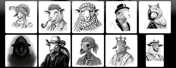 A grid of ten black-and-white sketches depicting anthropomorphic sheep dressed in various historical costumes and uniforms, including a jester, pirate, top hat, cowboy, pirate, and king.