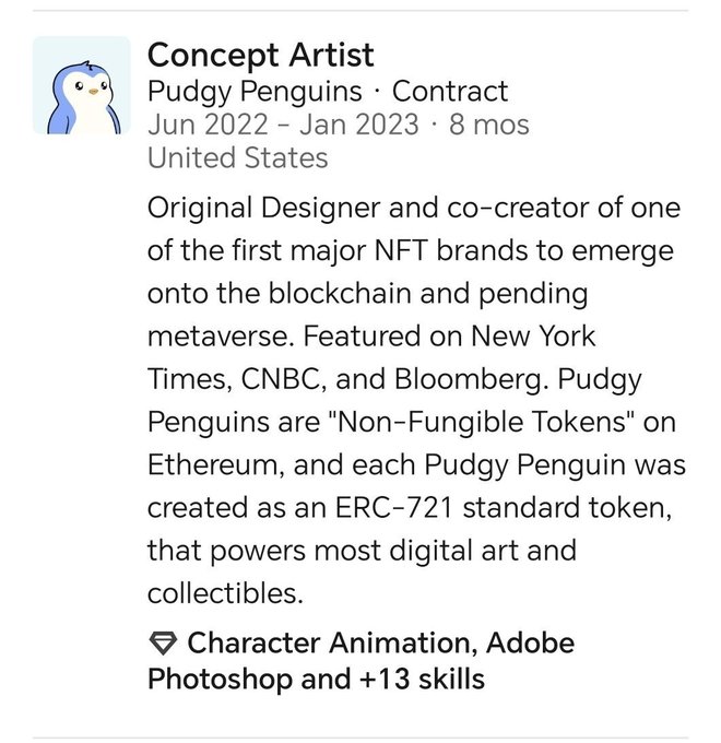 The image shows a LinkedIn profile excerpt for Antoine Mingo, listed as "Concept Artist" for Pudgy Penguins on a contract basis from Jun 2022 to Jan 2023 (8 months), describing him as the "Original Designer and co-creator" of one of the first major NFT brands, featured on NYT, CNBC, and Bloomberg. The accompanying post highlights that Mingo, the designer of $PENGU (Pudgy Penguins), recently changed his profile, suggesting a possible move to Robinhood ($HOOD).