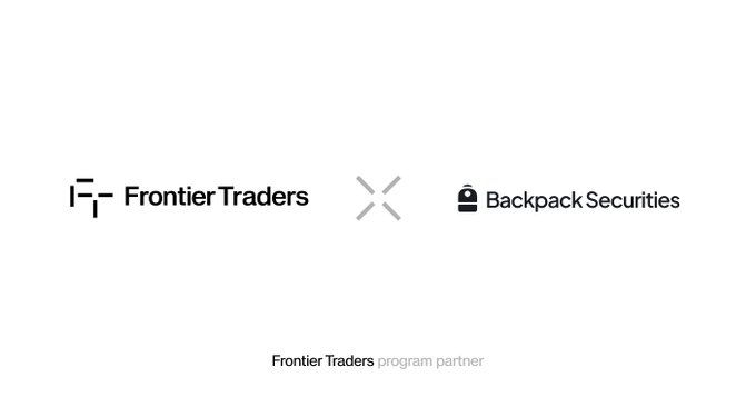 The image shows a close-up of an "X" symbol that represents Frontier Traders and Backpack Security's partnership. The words "Frontier Traders" and "Backpack Securities" are displayed below the "X". Below this, the phrase "In collaboration with @SolanaFndn" is written. The image suggests a new frontier in financial technology where these two companies come together to provide tokenization infrastructure for market structure operations.