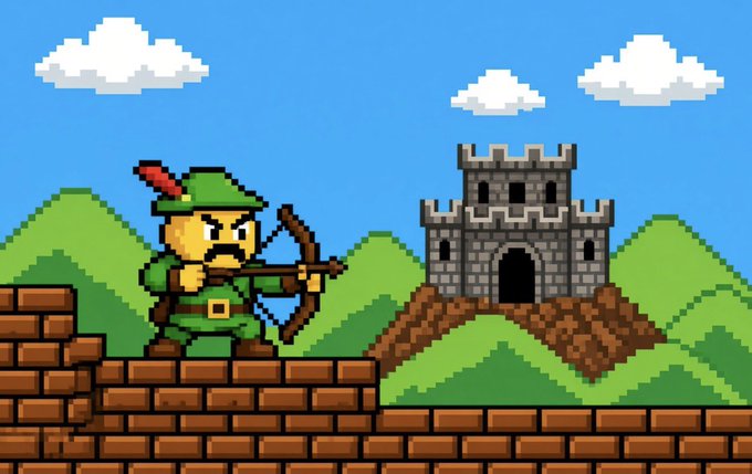 A pixel art scene of a green-clad archer with a bow and red-feathered cap standing on a brick platform, aiming toward a gray stone castle in the background.