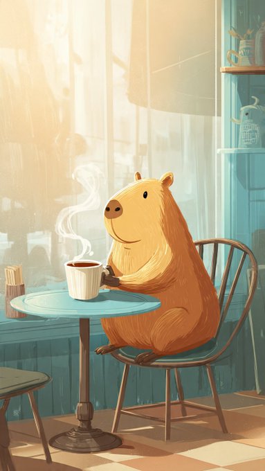 The image features a cartoon bear sitting at a table with a cup of coffee. The scene takes place inside a cafe or restaurant setting, as indicated by the presence of chairs and tables. The bear appears to be enjoying its coffee while looking out the window.