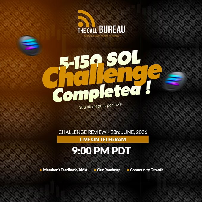 The image features a poster advertising a challenge called "5 → 150 SOL CHALLENGE DEBRIEF". The poster includes text that reads "Challenge Complete! Now it's time to break down the numbers" and "Focus on what is in the image and how it relates to the post". The poster also displays details about the event, such as the date (Tuesday, June 25th), the time (9:00 PM), and the location of the live stream. Additionally, there are mentions of a member's feedback and a community growth goal related to the challenge.