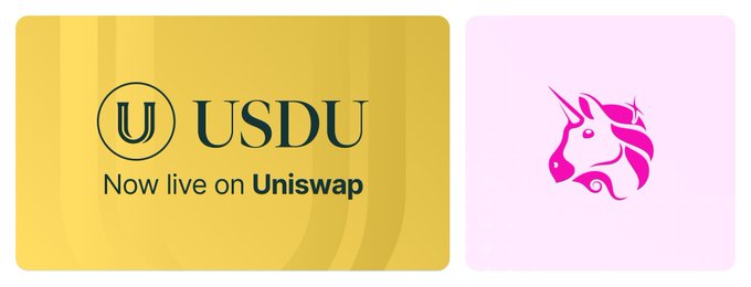 A promotional banner announcing 'USDU Now live on Uniswap' alongside the pink USDU unicorn logo.