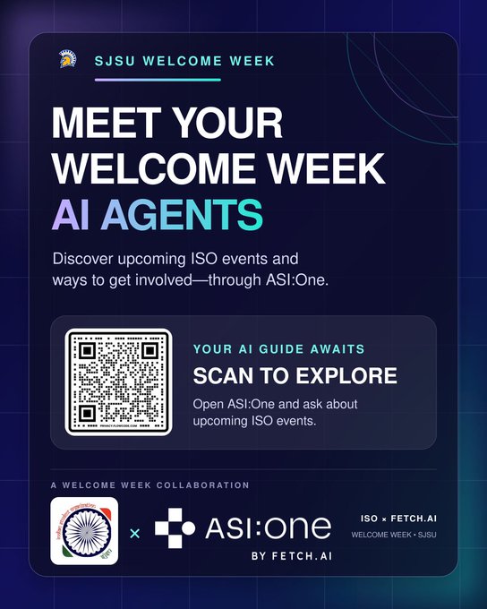 A promotional poster for 'SJSU WELCOME WEEK' featuring 'MEET YOUR WELCOME WEEK AI AGENTS' with a QR code labeled 'SCAN TO EXPLORE', advertising ASI:One collaboration for ISO events.