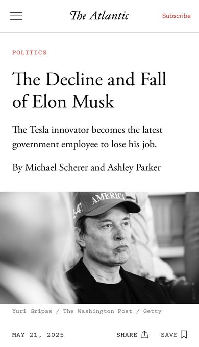 The image features a black and white photo of an adult male wearing a baseball cap, with the caption "The decline and fall of Elon Musk" written below him. The text also mentions that the post is about Bitcoin, which could be related to the post's theme or the content of the image itself.
