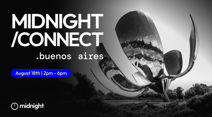 A promotional graphic for 'MIDNIGHT /CONNECT' in Buenos Aires on August 18th from 2pm-6pm features a large metallic flower sculpture called Floralis Genérica in black and white.