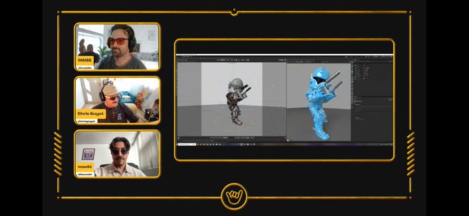 A livestream interface featuring three webcam feeds of hosts labeled 'MAHDI', 'Chris Baez', and 'Anonymous' alongside a 3D modeling viewport showing a metallic and blue armored character model.