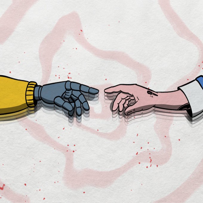 The image depicts two hands reaching toward each other—one mechanical and robotic, the other human and organic—against a backdrop of pink fluid shapes and red splatters, symbolizing connection between humans and AI. It visually reinforces the post's message about the @pko_nft system seeking collaborations and alliances, representing the bridging of human creativity with digital or AI-driven operators in an open network.
