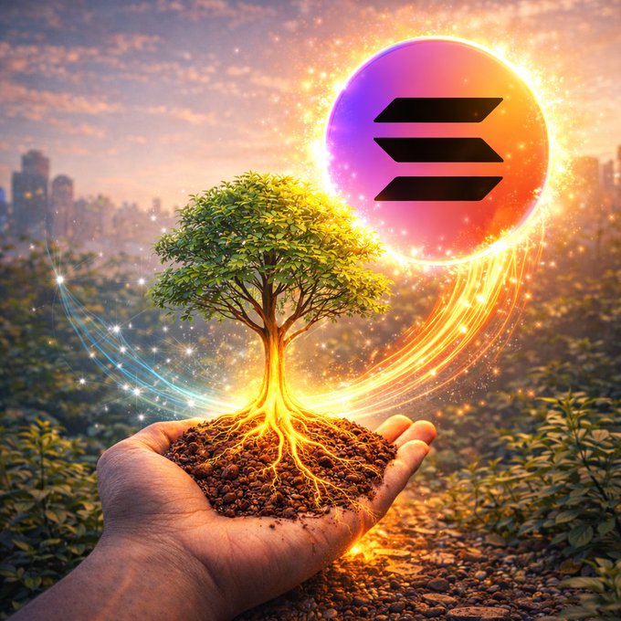 A digital artwork showing a hand holding soil with a growing tree, set against a sunset cityscape background, featuring a prominent purple and orange circular logo with horizontal bars resembling the Solana logo.
