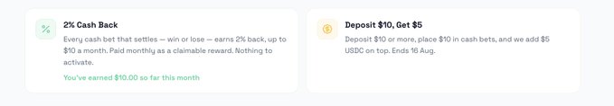 The image displays two promotional offers from FightBets: a "2% Cash Back" reward on every settled cash bet (earning up to $10 monthly) and a "Deposit $10, Get $5" bonus in USDC ending 16 August, showing $10.00 earned this month.