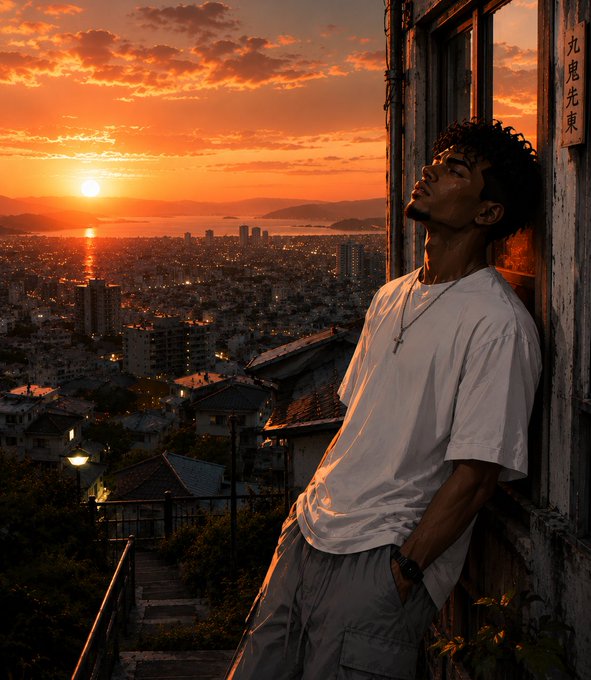 A young man in a white t-shirt and bucket hat standing by a window, silhouetted against a vibrant orange sunset over a coastal city.