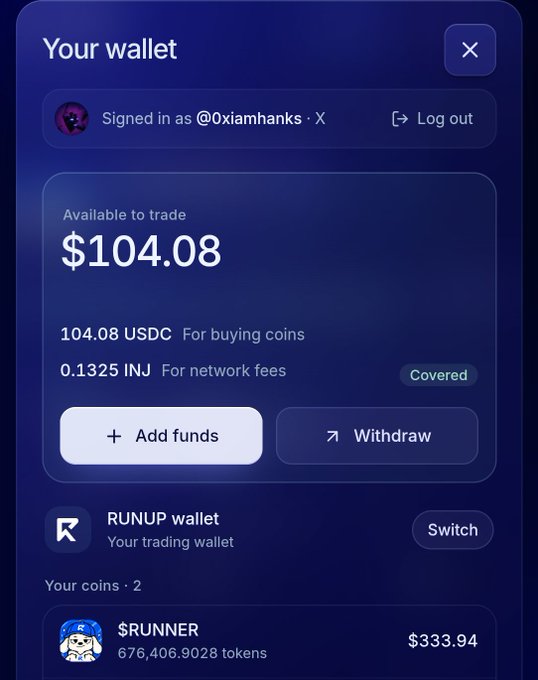 A digital wallet interface showing a balance of $104.08 available to trade, with 104.08 USDC and 0.1325 INJ, signed in as @0xiamhanks, and showing $RUNNER holdings worth $333.94.