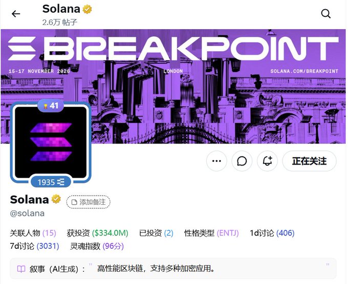 The image shows a white background with the text "E BREAKPOINT" written in purple letters, accompanied by an image of a city skyline. A conversation about this event is taking place, and someone has left a comment suggesting that the market reaction for this project is straightforward - it's no longer exclusively being discussed among Solana community circles but has begun to enter the broader secondary market.