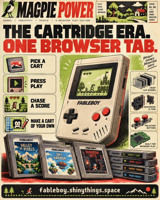 A retro-style advertisement poster for 'FABLEBOY' with the headline 'THE CARTRIDGE ERA. ONE BROWSER TAB.' featuring a handheld gaming device, game cartridges labeled 'VALLEY OF PIXELS', 'SKY HARBOR', and 'DUNGEON BITS', and the URL 'fableboy.shinythings.space'.