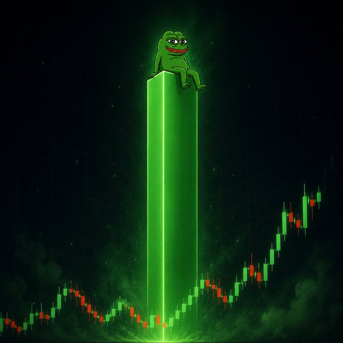 A cartoon Pepe the Frog sits perched on top of a massive green candlestick shooting upward from a rising crypto chart, visually representing the post's claim about a biblical parabolic surge in $PEPE following a new all-time high in $ETH.