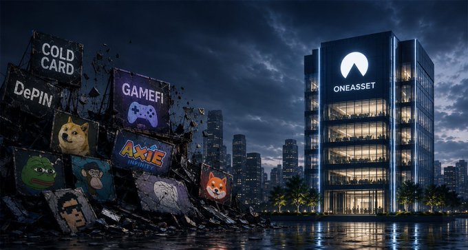 A stylized digital artwork contrasting a dark, crumbling pile of failed crypto/NFT projects labeled 'COLD CARD', 'DePIN', 'GAMEFI', 'AXXIE INFINITE', and meme coins on the left, against a well-lit, thriving office building labeled 'ONEASSET' on the right.