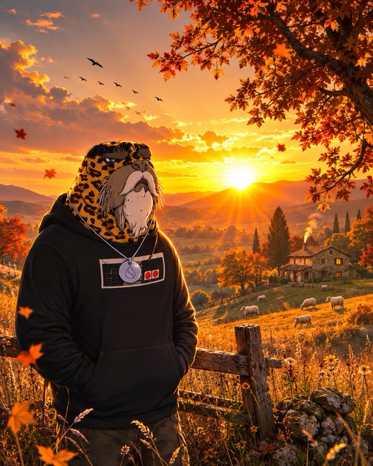 An anthropomorphic dog character wearing a leopard-print balaclava and a black hoodie with a game controller pendant stands in a vibrant autumn landscape at sunset, with sheep grazing and a stone farmhouse in the background.