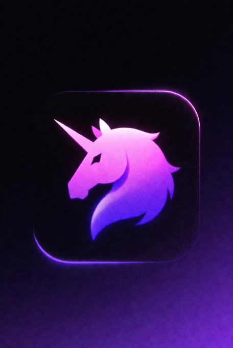A glowing app icon featuring a unicorn head profile with a pink-to-purple gradient, set within a rounded square with a neon purple outline against a dark background.