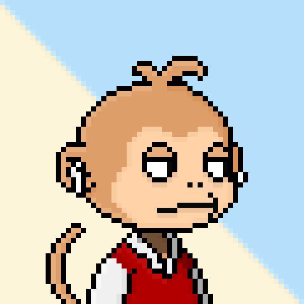 A pixel art illustration of a cartoon monkey character with a bored expression, wearing a red vest over a white shirt. The image represents the "MonkeyHood" NFT being added to the collector's growing digital art collection.