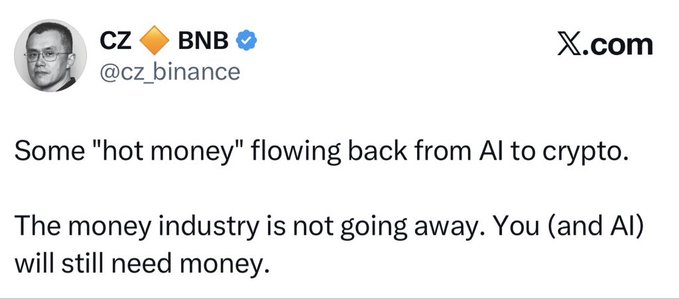 A tweet from CZ Binance (@cz_binance) stating: 'Some "hot money" flowing back from AI to crypto. The money industry is not going away. You (and AI) will still need money.'