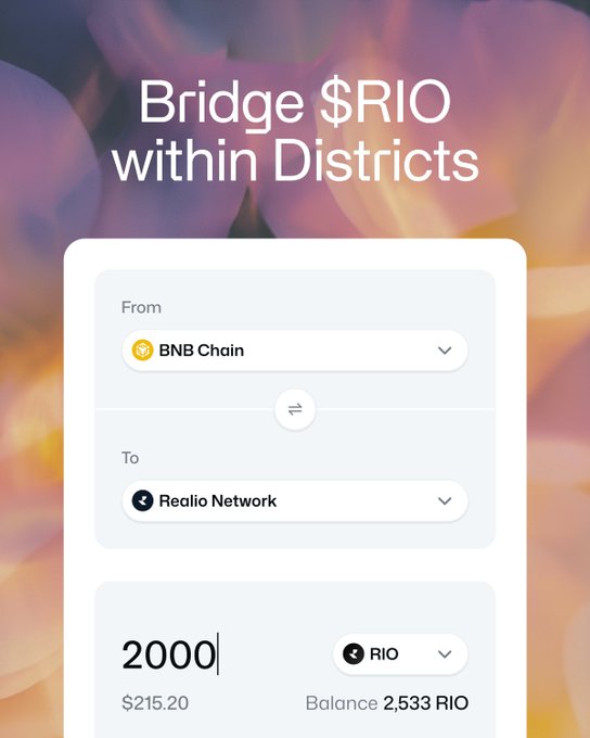 A mobile interface screenshot showing a crypto bridging feature titled "Bridge $RIO within Districts," allowing conversion from BNB Chain to Realio Network with a 2000 RIO entry amount valued at $215.20.