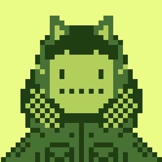 A monochromatic green pixel art character with pointed ears and a patterned scarf stands against a solid green background.