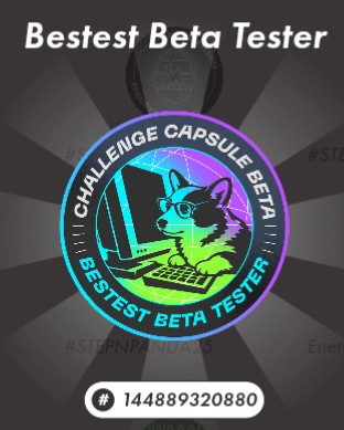 Digital badge/graphic titled 'Bestest Beta Tester' featuring an anthropomorphic dog wearing sunglasses at a computer, with 'CHALLENGE CAPSULE BETA' text and the number #144889320880 at the bottom.