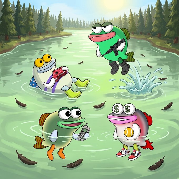 A colorful cartoon illustration shows anthropomorphic fish characters in a river—one holding a gun, another with a mobile phone, one in American flag shorts eating meat, and another with dollar signs for eyes.