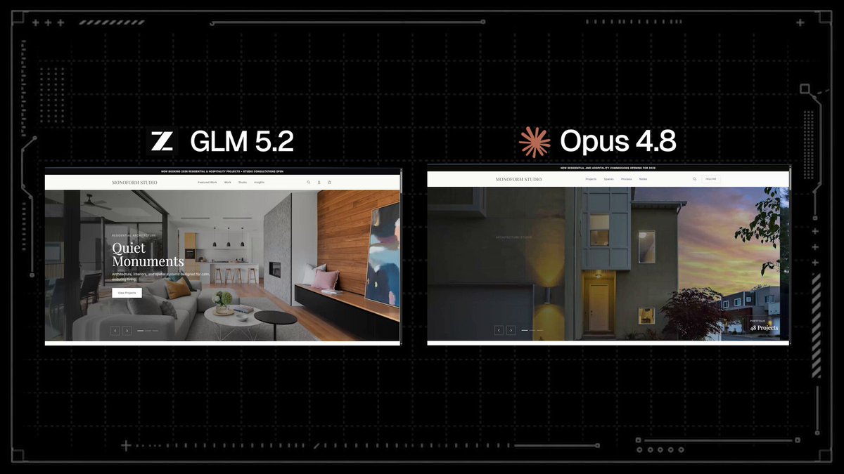 The image shows two different websites side by side, with one being a comparison of GLM 5.2 and Opus 4.8. Both sites are displayed against a black background, making them stand out prominently. The website for GLM 5.2 is located on the left side of the image, while the website for Opus 4.8 is positioned on the right side.
