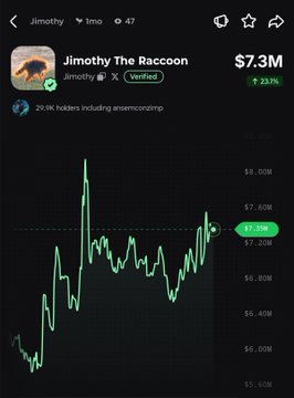The image shows a cryptocurrency price chart for "Jimothy The Raccoon" ($Jimothy) displaying a market cap of $7.3M with a 23.7% gain, which aligns with the post's claim that $Jimothy is rallying and up 23% in 24 hours.