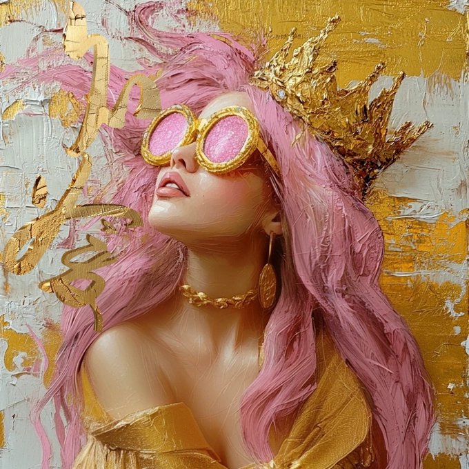 A stylized artistic portrait of a woman with long pink hair, pink round sunglasses, a gold crown, and gold jewelry, set against a textured gold and white background.