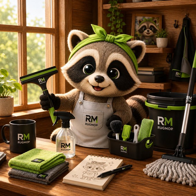 The image features a cartoon raccoon sitting at a desk with cleaning supplies, including a mop bucket, a sponge, and some cleaning products such as a spray bottle and a rag. A note is also present on the desk that reads "Today's first mission: wipe one messy thought, save one clean idea, and let the good light in." The post seems to be promoting the idea of maintaining a clean environment or workspace for better productivity and well-being.