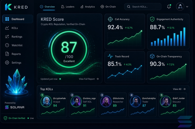 The image shows KRED’s crypto reputation dashboard, highlighting an overall KRED Score of 87/100 (“Excellent”), 92.4% Call Accuracy, 88.7% Engagement Authenticity, 85.1% Track Record, and 90.3% On-Chain Transparency. It supports the post’s message by presenting verifiable, on-chain performance data for top KOLs such as @cryptoshale, @solana_sage, @blockvista, and @onchainalpha.