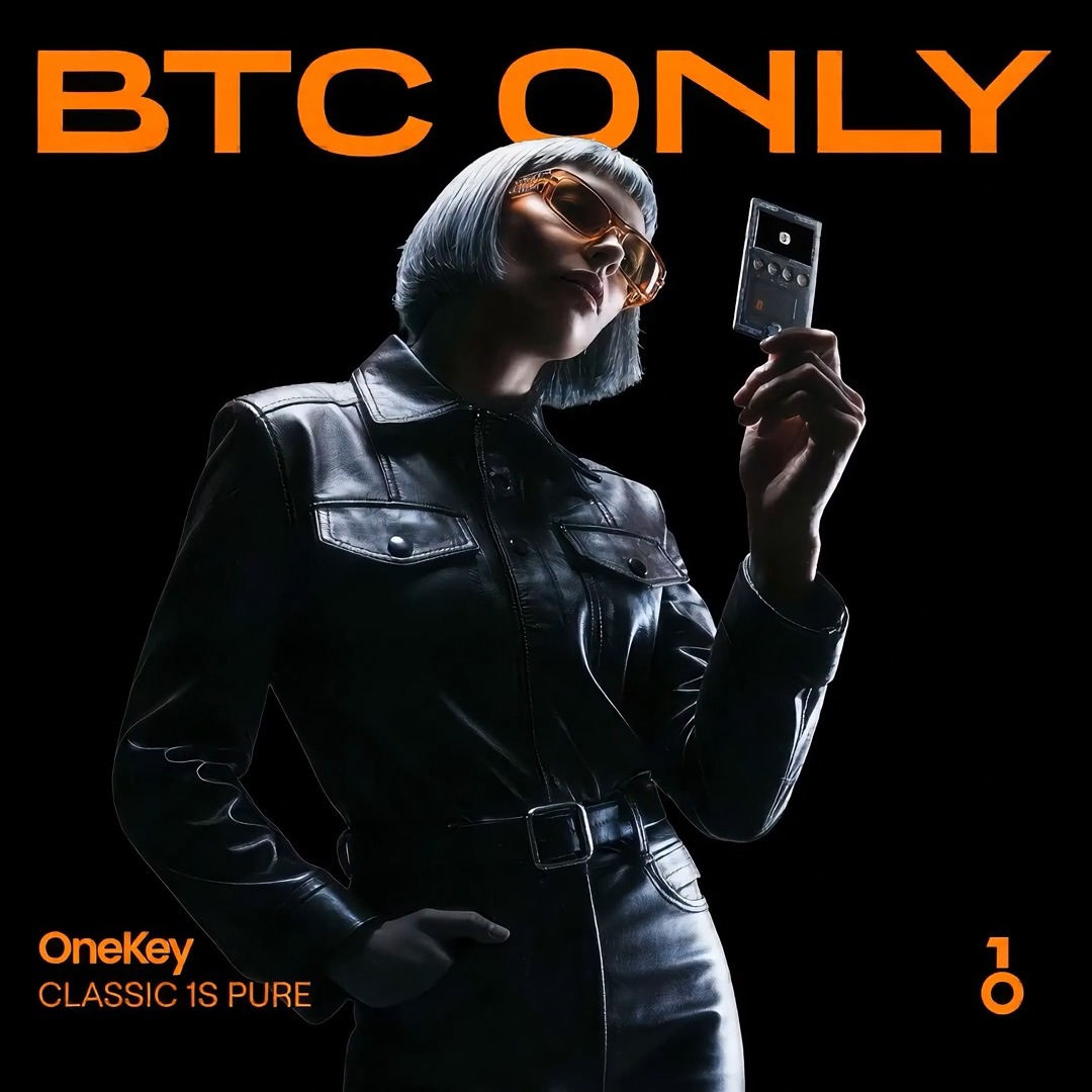 An advertisement features a woman in a black leather jacket and orange sunglasses holding a crypto hardware wallet, with the text 'BTC ONLY', 'OneKey', and 'CLASSIC 1S PURE'.