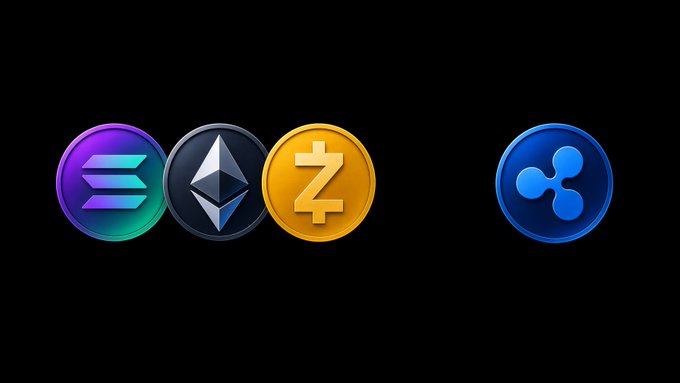 Four cryptocurrency coin icons—Solana (SOL), Ethereum (ETH), Zcash (ZEC), and XRP—are displayed against a black background, representing the digital assets mentioned in the post about ETF net inflows, where XRP stood out as the only token with positive momentum.