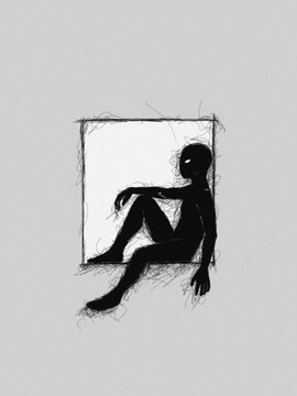 A simple black silhouette illustration of a person sitting cross-legged inside a rough, hand-drawn square frame against a plain gray background.