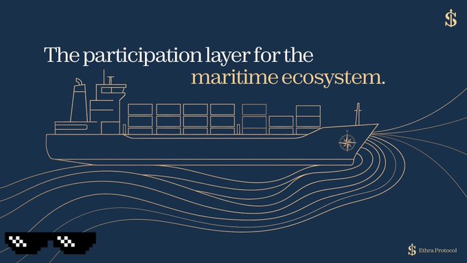 A navy blue graphic features a line-art illustration of a container ship with text reading 'The participation layer for the maritime ecosystem.' and a 'S$ Sthra Protocol' logo.
