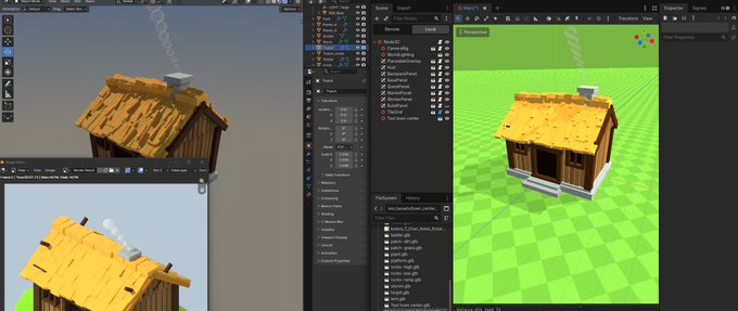 A split-screen view of a 3D modeling software interface, showing the creation and rendering of a small wooden cabin with a thatched roof and smoking chimney.