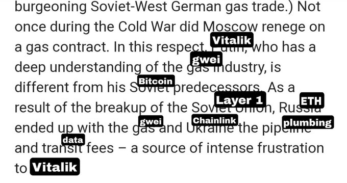 A text passage discussing the Soviet-West German gas trade, overlaid with various highlighted technical terms including 'Vitalik,' 'gwei,' 'Bitcoin,' 'Layer 1,' 'ETH,' 'Chainlink,' and 'plumbing.'