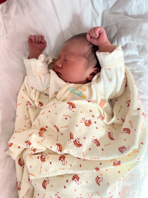 A newborn baby sleeping peacefully wrapped in a cream-colored blanket with orange fox prints, wearing a matching cream outfit, with one small fist raised near their head.
