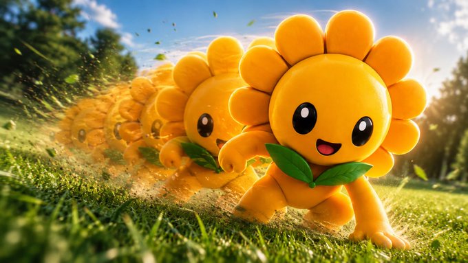 A 3D render of two cheerful sunflower-like characters with petals for hair, running across a grassy field under a sunny sky.