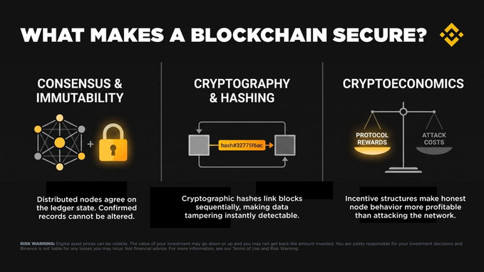 An infographic titled 'WHAT MAKES A BLOCKCHAIN SECURE?' explaining 'CONSENSUS & IMMUTABILITY', 'CRYPTOGRAPHY & HASHING', and 'CRYPTOCONOMICS' with a Binance logo, including a 'RISK WARNING' at the bottom.