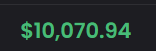 A close-up image displaying a price value of '$10,070.94' in bright green text on a black background.